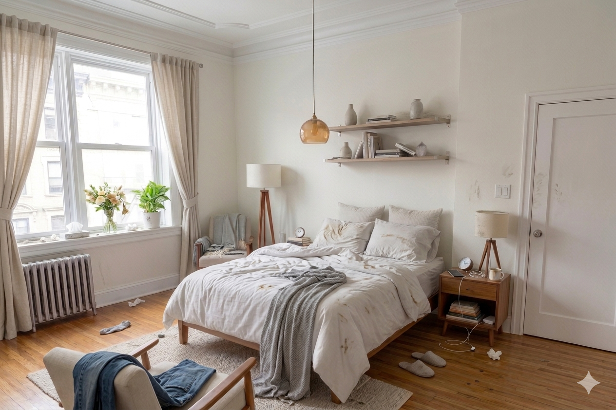 Before cleaning, same bedroom with clutter and unmade bed