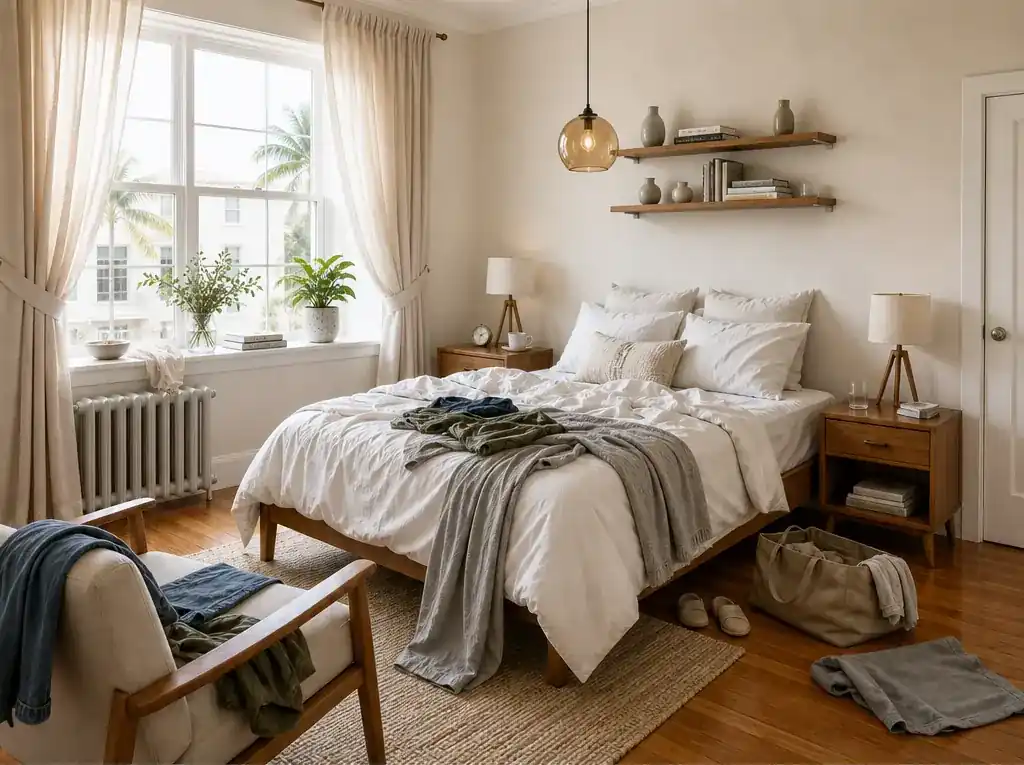 Before cleaning, same bedroom with clutter and unmade bed